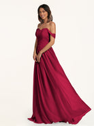 KissDress-Lia Berry A Line Chiffon Off the Shoulder Long Bridesmaid Dress with Pleats