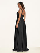 KissDress-Lia Black A Line Chiffon Off the Shoulder Long Bridesmaid Dress with Pleats