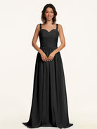 KissDress-Lia Black A Line Chiffon Off the Shoulder Long Bridesmaid Dress with Pleats