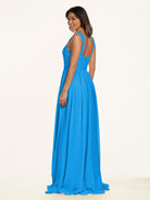 KissDress-Lia Blue Jay A Line Chiffon Off the Shoulder Long Bridesmaid Dress with Pleats