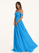 KissDress-Lia Blue Jay A Line Chiffon Off the Shoulder Long Bridesmaid Dress with Pleats