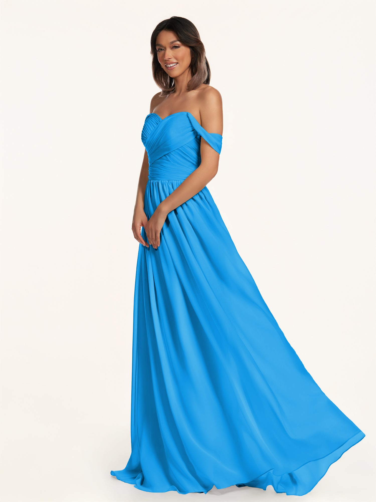 KissDress-Lia Blue Jay A Line Chiffon Off the Shoulder Long Bridesmaid Dress with Pleats