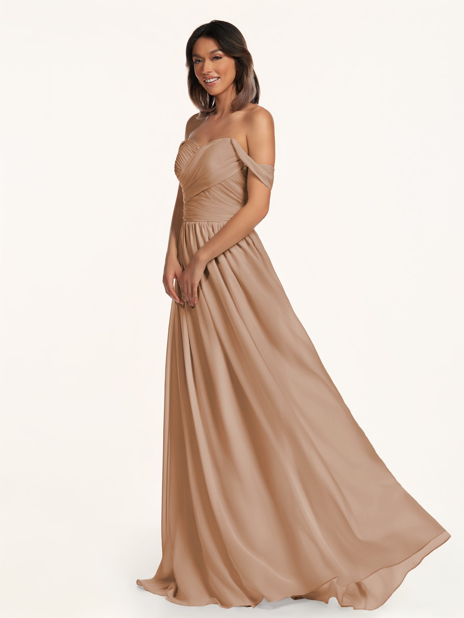 KissDress-Lia Bronzer A Line Chiffon Off the Shoulder Long Bridesmaid Dress with Pleats