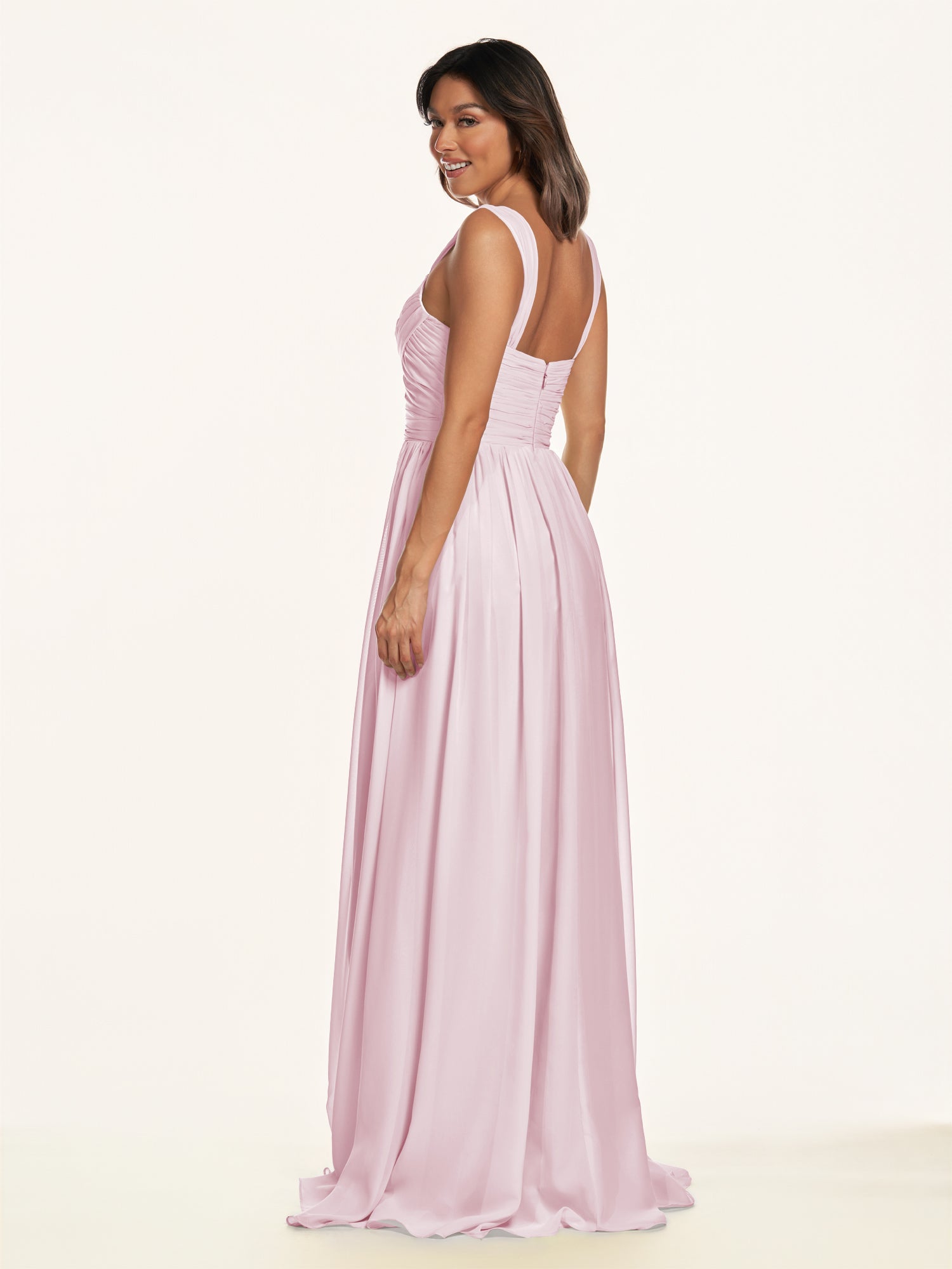 KissDress-Lia Candy Pink A Line Chiffon Off the Shoulder Long Bridesmaid Dress with Pleats