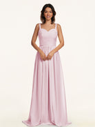 KissDress-Lia Candy Pink A Line Chiffon Off the Shoulder Long Bridesmaid Dress with Pleats