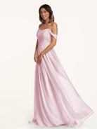 KissDress-Lia Candy Pink A Line Chiffon Off the Shoulder Long Bridesmaid Dress with Pleats