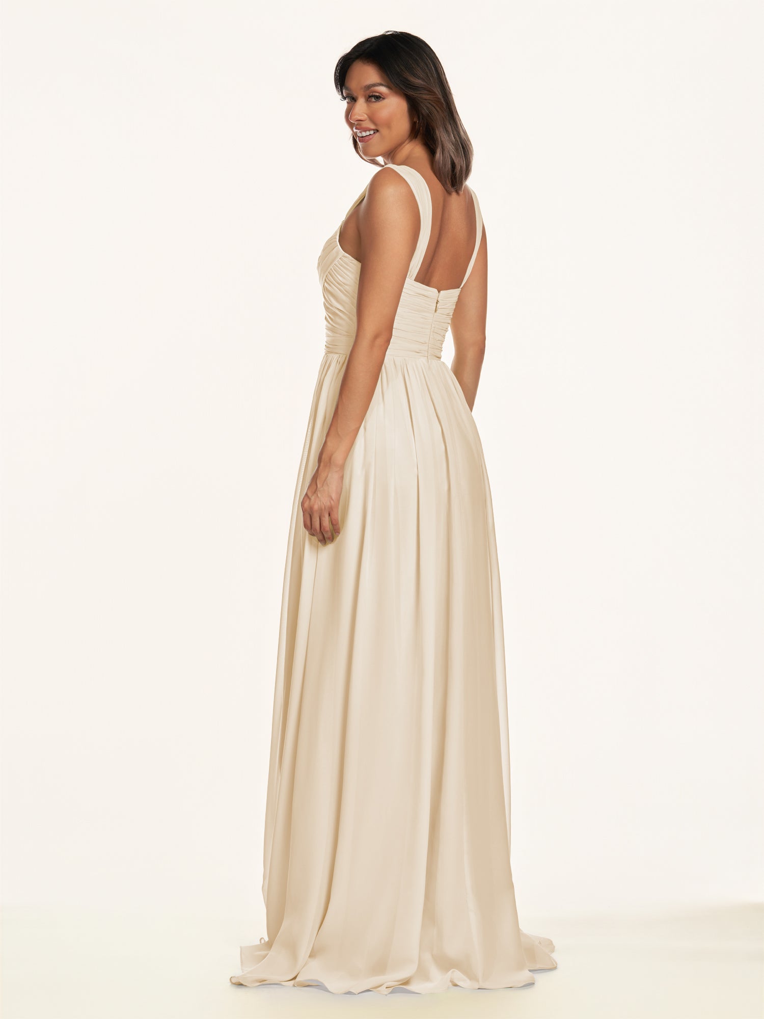 KissDress-Lia Champagne A Line Chiffon Off the Shoulder Long Bridesmaid Dress with Pleats