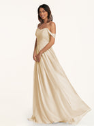 KissDress-Lia Champagne A Line Chiffon Off the Shoulder Long Bridesmaid Dress with Pleats