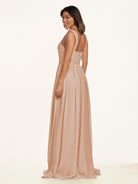 KissDress-Lia Champagne Rose A Line Chiffon Off the Shoulder Long Bridesmaid Dress with Pleats