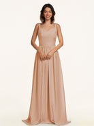 KissDress-Lia Champagne Rose A Line Chiffon Off the Shoulder Long Bridesmaid Dress with Pleats