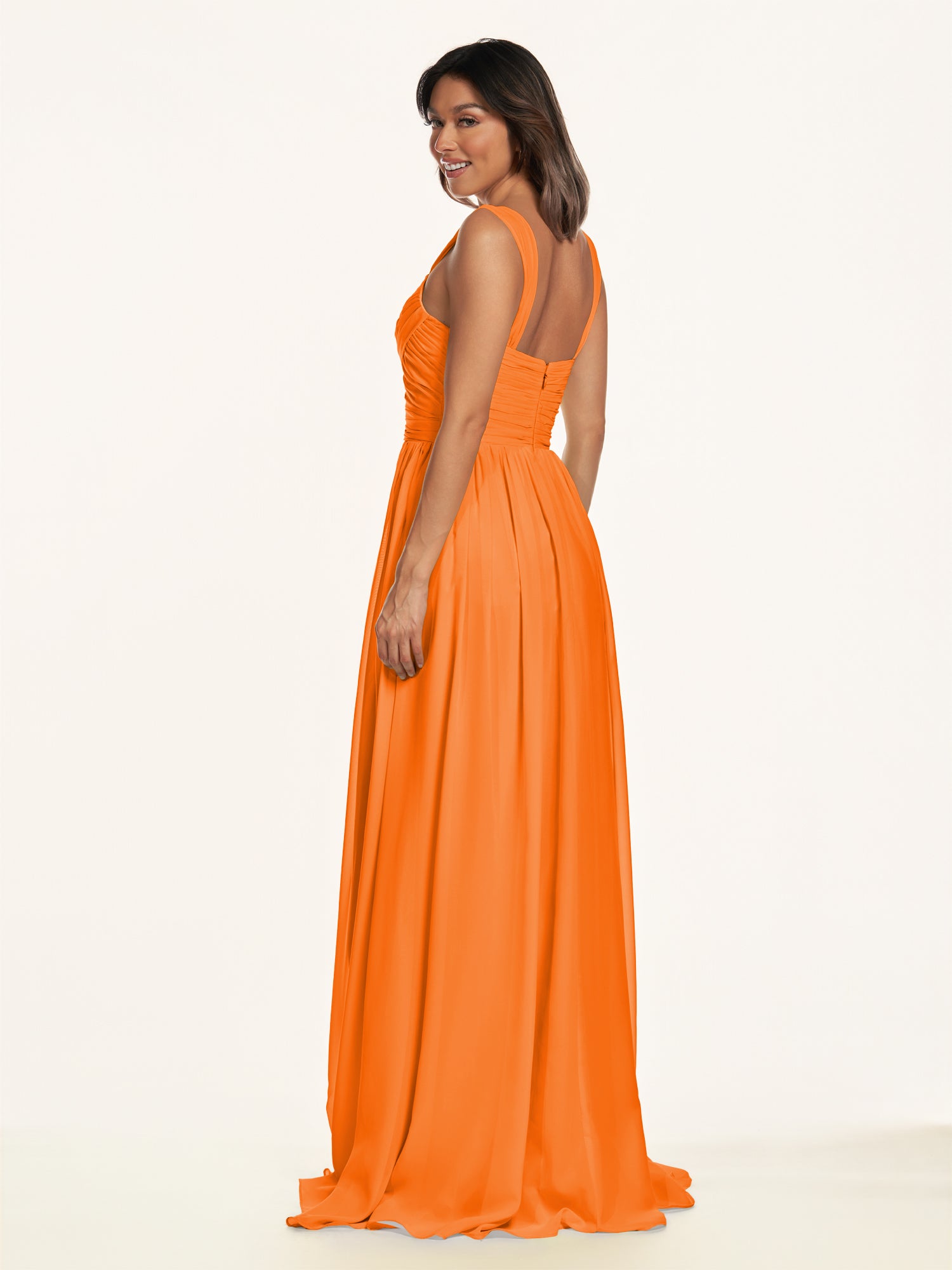 KissDress-Lia Cinnamon A Line Chiffon Off the Shoulder Long Bridesmaid Dress with Pleats