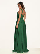 KissDress-Lia Dark Green A Line Chiffon Off the Shoulder Long Bridesmaid Dress with Pleats