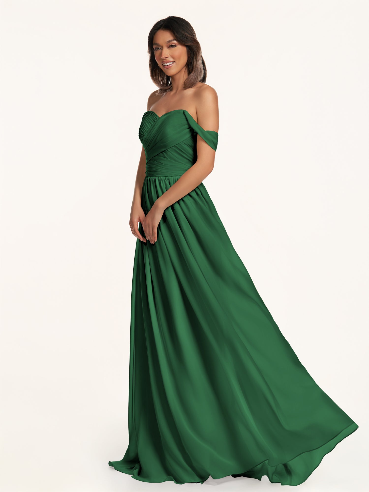 KissDress-Lia Dark Green A Line Chiffon Off the Shoulder Long Bridesmaid Dress with Pleats