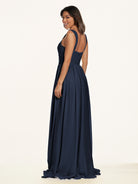 KissDress-Lia Dark Navy A Line Chiffon Off the Shoulder Long Bridesmaid Dress with Pleats