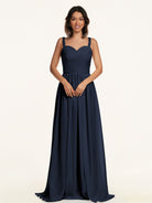KissDress-Lia Dark Navy A Line Chiffon Off the Shoulder Long Bridesmaid Dress with Pleats