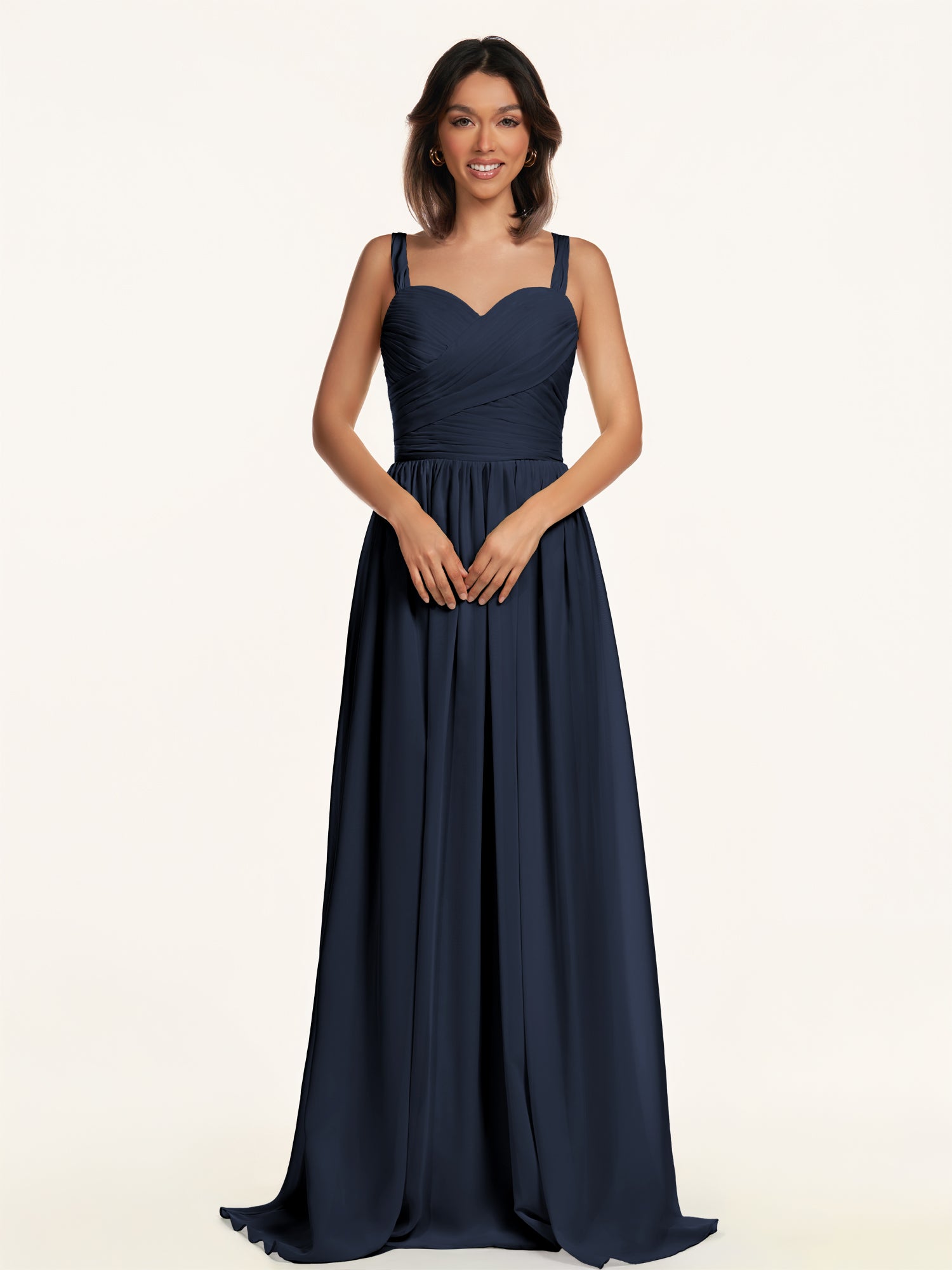 KissDress-Lia Dark Navy A Line Chiffon Off the Shoulder Long Bridesmaid Dress with Pleats