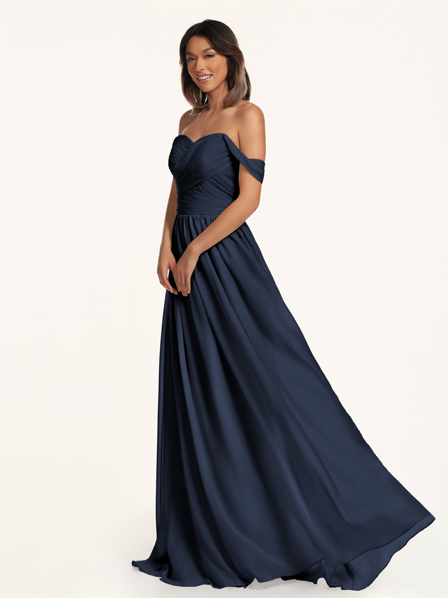KissDress-Lia Dark Navy A Line Chiffon Off the Shoulder Long Bridesmaid Dress with Pleats