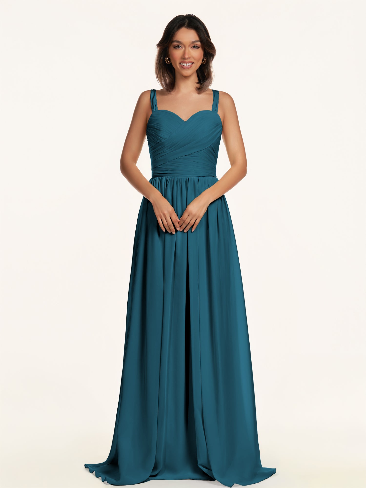 KissDress-Lia Dark Teal A Line Chiffon Off the Shoulder Long Bridesmaid Dress with Pleats