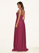 KissDress-Lia Desert Rose A Line Chiffon Off the Shoulder Long Bridesmaid Dress with Pleats