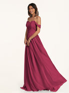 KissDress-Lia Desert Rose A Line Chiffon Off the Shoulder Long Bridesmaid Dress with Pleats