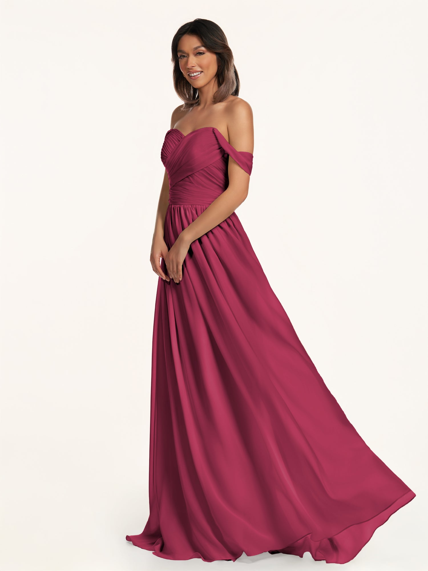 KissDress-Lia Desert Rose A Line Chiffon Off the Shoulder Long Bridesmaid Dress with Pleats