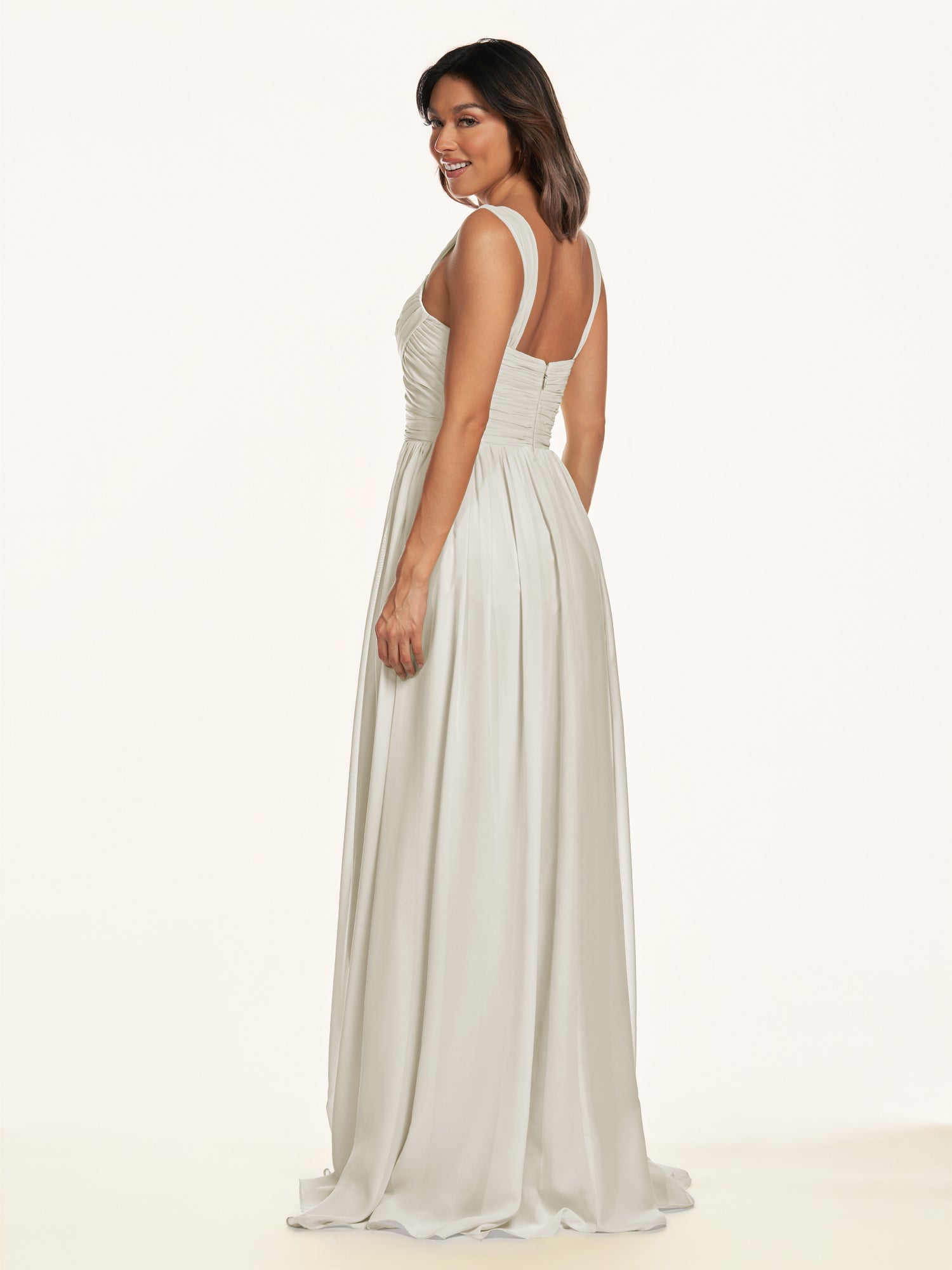 KissDress-Lia Dove Gray A Line Chiffon Off the Shoulder Long Bridesmaid Dress with Pleats