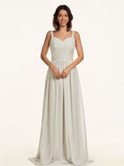 KissDress-Lia Dove Gray A Line Chiffon Off the Shoulder Long Bridesmaid Dress with Pleats
