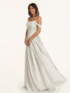 KissDress-Lia Dove Gray A Line Chiffon Off the Shoulder Long Bridesmaid Dress with Pleats
