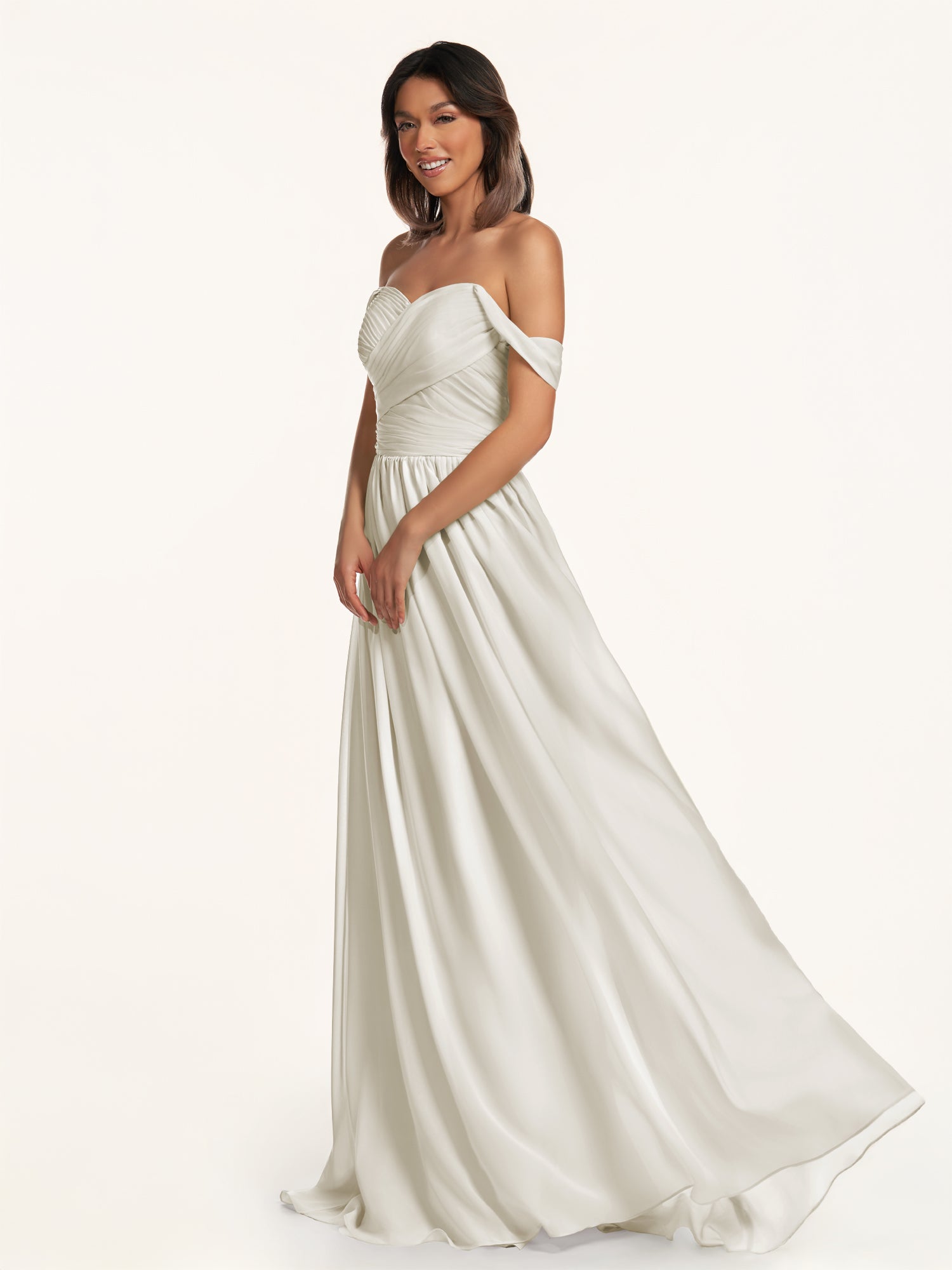 KissDress-Lia Dove Gray A Line Chiffon Off the Shoulder Long Bridesmaid Dress with Pleats