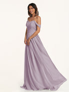 KissDress-Lia Dusk A Line Chiffon Off the Shoulder Long Bridesmaid Dress with Pleats