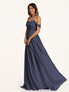 KissDress-Lia Dusk Blue A Line Chiffon Off the Shoulder Long Bridesmaid Dress with Pleats