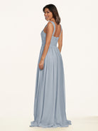 KissDress-Lia Dusty Blue A Line Chiffon Off the Shoulder Long Bridesmaid Dress with Pleats
