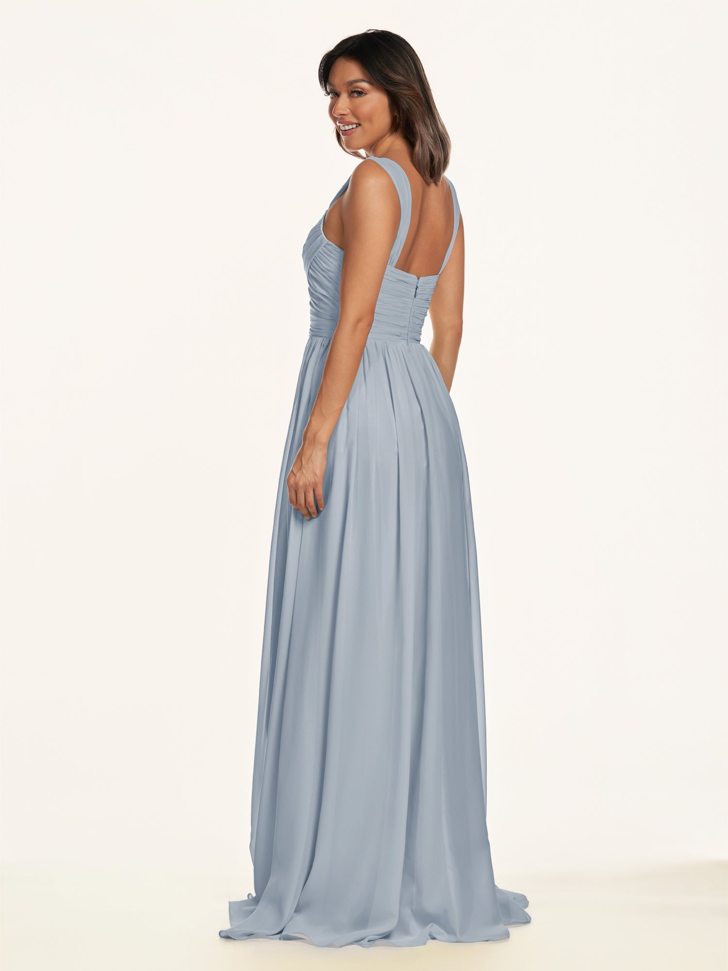 KissDress-Lia Dusty Blue A Line Chiffon Off the Shoulder Long Bridesmaid Dress with Pleats