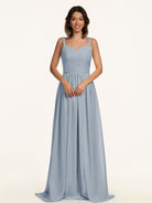 KissDress-Lia Dusty Blue A Line Chiffon Off the Shoulder Long Bridesmaid Dress with Pleats