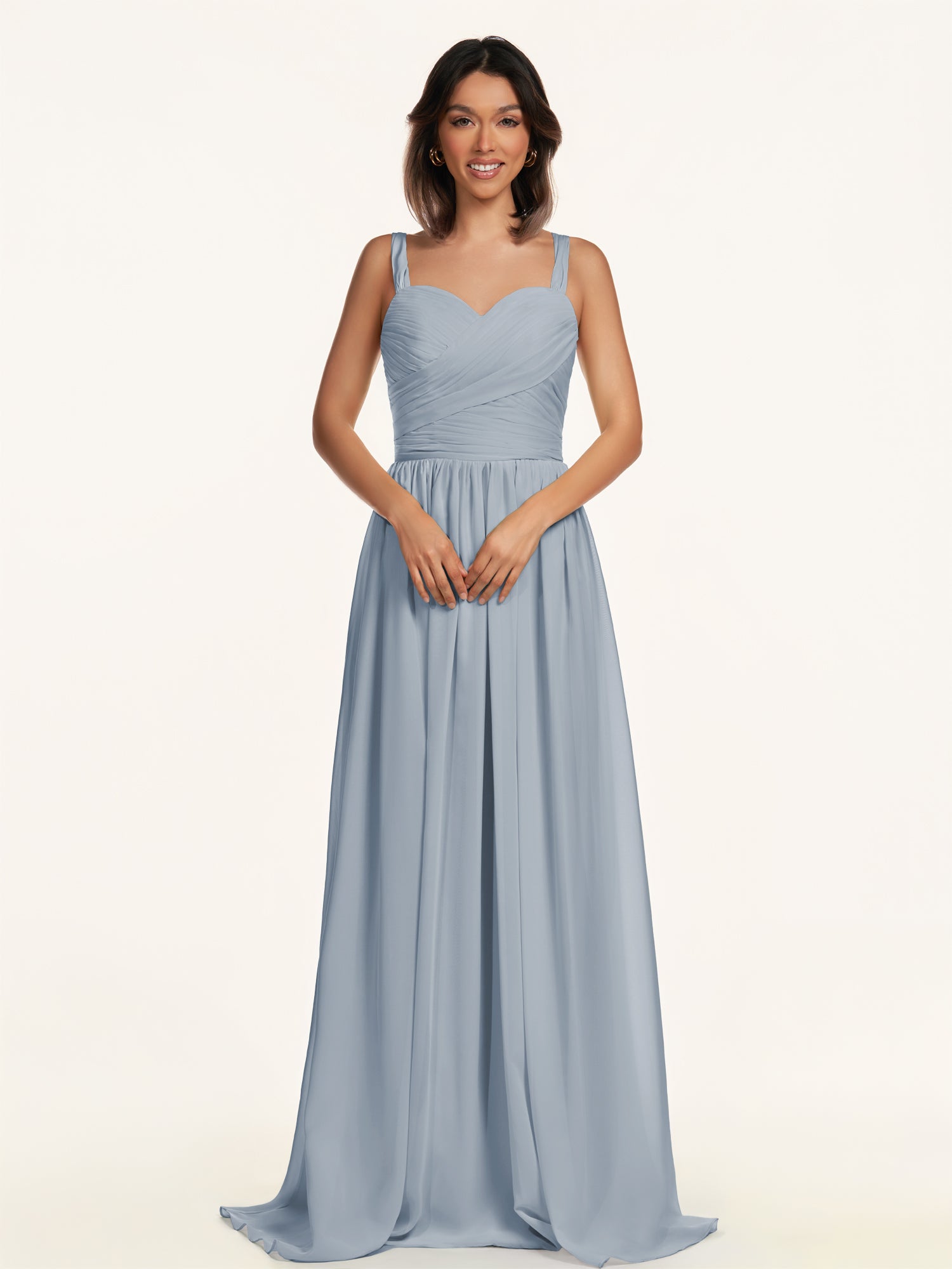 KissDress-Lia Dusty Blue A Line Chiffon Off the Shoulder Long Bridesmaid Dress with Pleats