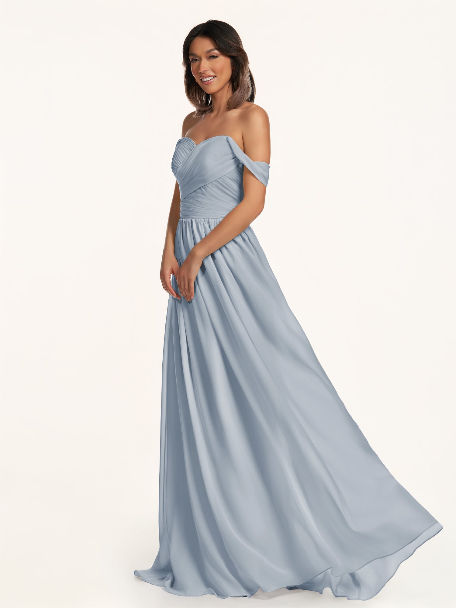 KissDress-Lia Dusty Blue A Line Chiffon Off the Shoulder Long Bridesmaid Dress with Pleats