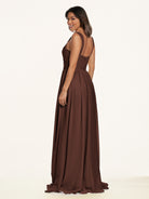 KissDress-Lia Espresso A Line Chiffon Off the Shoulder Long Bridesmaid Dress with Pleats