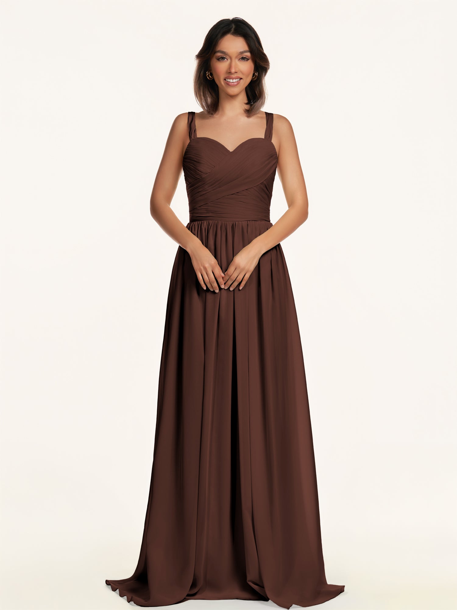 KissDress-Lia Espresso A Line Chiffon Off the Shoulder Long Bridesmaid Dress with Pleats