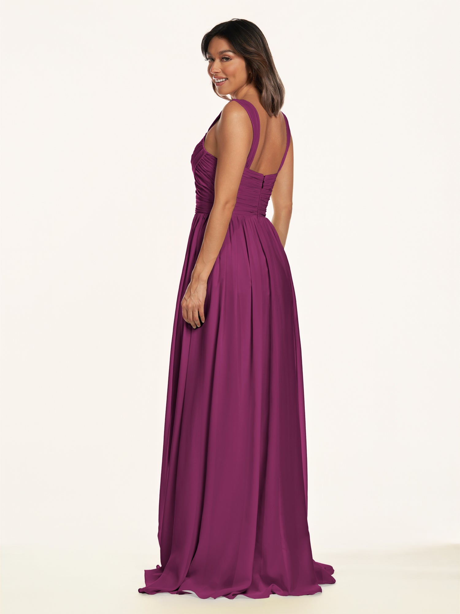 KissDress-Lia Fig A Line Chiffon Off the Shoulder Long Bridesmaid Dress with Pleats