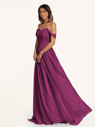 KissDress-Lia Fig A Line Chiffon Off the Shoulder Long Bridesmaid Dress with Pleats
