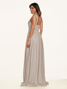 KissDress-Lia Frost A Line Chiffon Off the Shoulder Long Bridesmaid Dress with Pleats