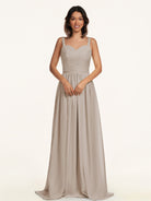 KissDress-Lia Frost A Line Chiffon Off the Shoulder Long Bridesmaid Dress with Pleats
