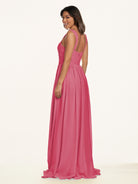 KissDress-Lia Fuchsia A Line Chiffon Off the Shoulder Long Bridesmaid Dress with Pleats