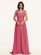 KissDress-Lia Fuchsia A Line Chiffon Off the Shoulder Long Bridesmaid Dress with Pleats