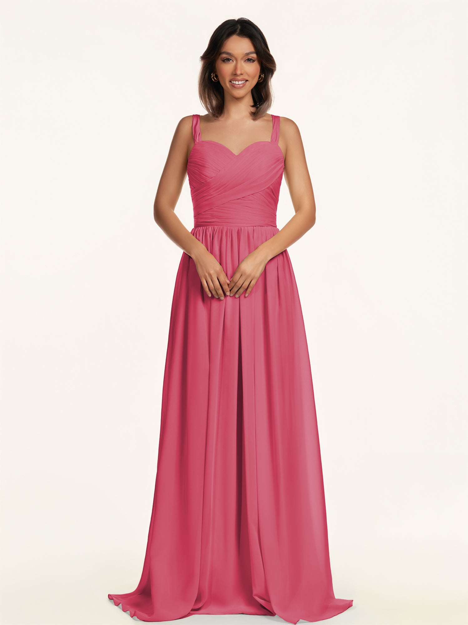 KissDress-Lia Fuchsia A Line Chiffon Off the Shoulder Long Bridesmaid Dress with Pleats