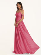 KissDress-Lia Fuchsia A Line Chiffon Off the Shoulder Long Bridesmaid Dress with Pleats