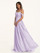 KissDress-Lia Lavender A Line Chiffon Off the Shoulder Long Bridesmaid Dress with Pleats