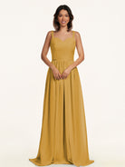 KissDress-Lia Marigold A Line Chiffon Off the Shoulder Long Bridesmaid Dress with Pleats
