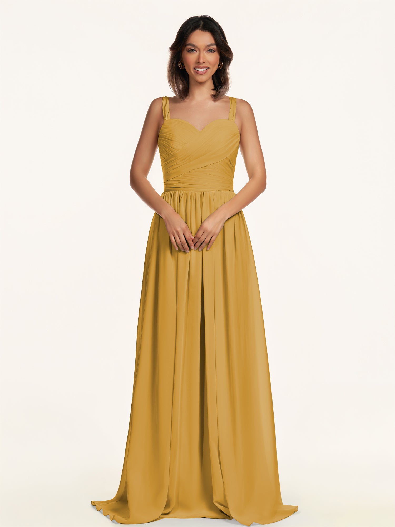 KissDress-Lia Marigold A Line Chiffon Off the Shoulder Long Bridesmaid Dress with Pleats