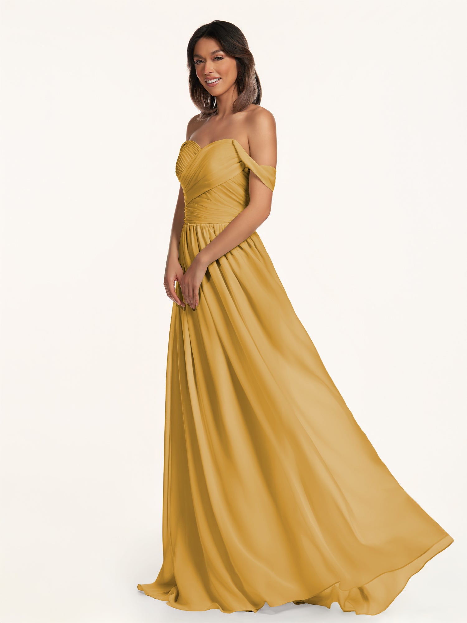 KissDress-Lia Marigold A Line Chiffon Off the Shoulder Long Bridesmaid Dress with Pleats